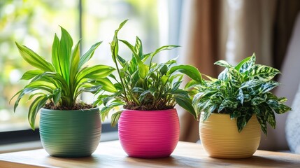 Fototapeta premium Three colorful plant pots holding different varieties of indoor plants, creating a fresh, bright display of natural beauty.