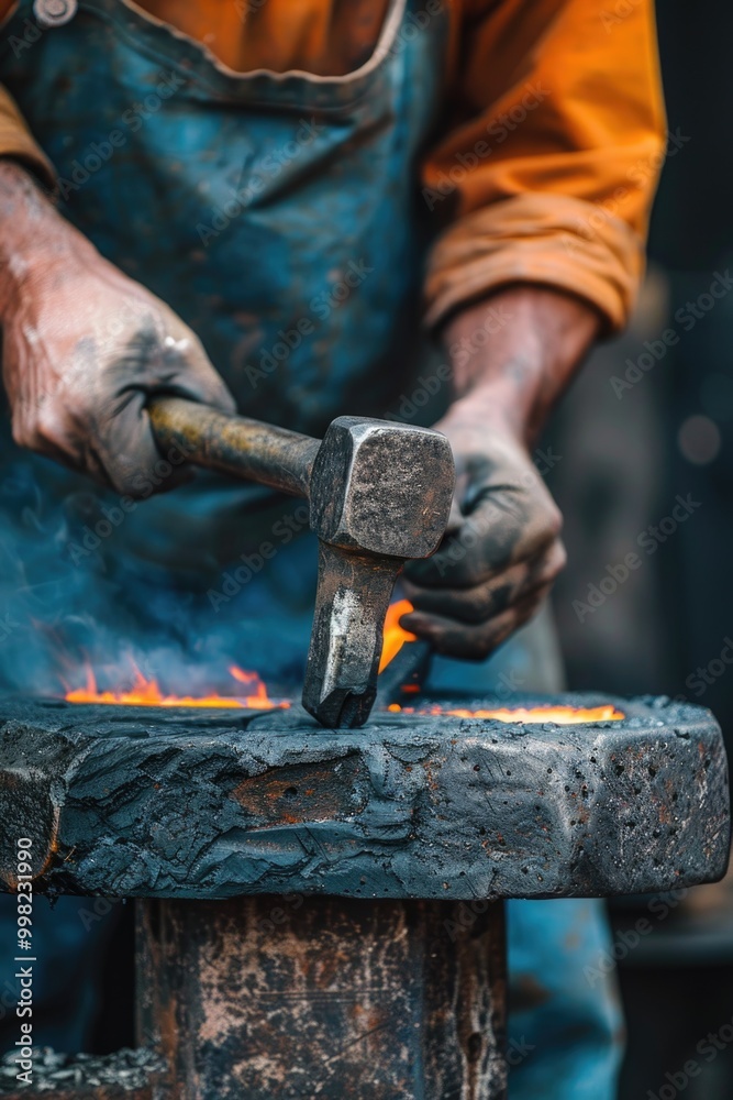 Poster A person using a hammer to form a metal object, useful for various projects and DIY tasks