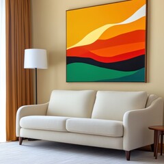 Modern living room with a vibrant abstract painting and stylish furniture in a cozy setting