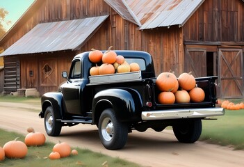 Vintage black pickup truck carrying a load of pumpkins in the back