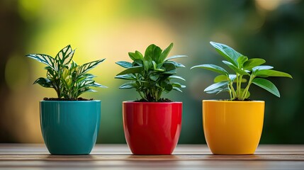 Fototapeta premium Three small plants in brightly colored pots, each with different foliage, standing neatly in a row, bringing a burst of life and color.