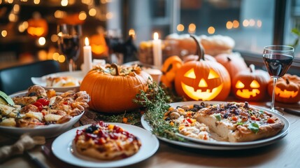 Fototapeta premium Halloween night family dinner, spooky-themed dishes on the table, kids dressed as witches and wizards, glowing pumpkins creating a warm atmosphere
