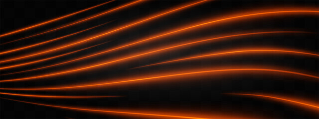 Curved golden neon light effect isolated on dark background. Bright glowing neon wave stripes with lens flare. Graphical patch of reflected light. Abstract rays. Vector illustration.
