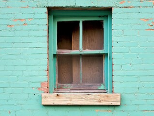 Fototapeta premium A charming turquoise window framed by aged bricks in a quiet urban neighborhood at dusk