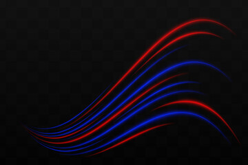 Curved red, blue neon light effect isolated on dark background. Bright glowing neon stripes with lens flare. Graphical patch of reflected light. Abstract rays. Vector illustration.