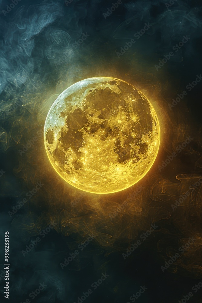 Aufkleber a bright yellow moon shining through a layer of clouds in the night sky