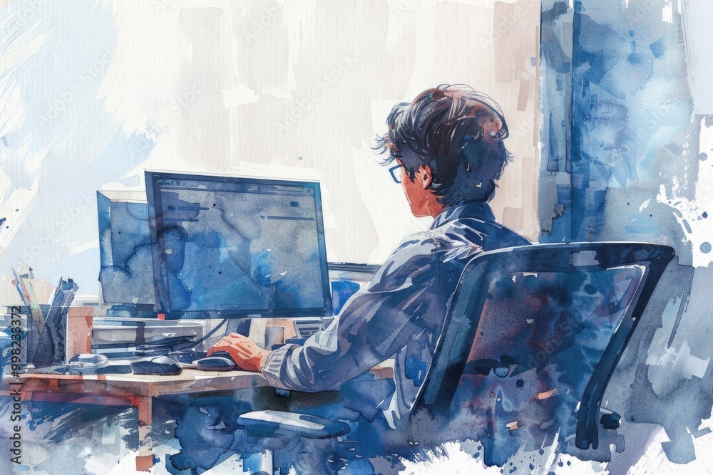 Aufkleber a person sitting at a desk using a laptop, suitable for office or work-related contexts
