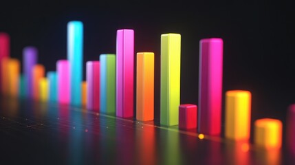 A dynamic 3D bar graph with colorful segments rising sharply against a dark background, symbolizing impressive business growth and financial success.