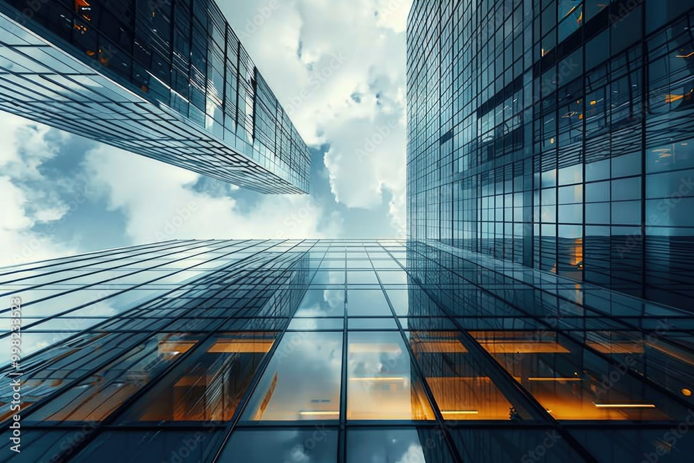 Poster a tall high-rise building with multiple windows against a blue sky background