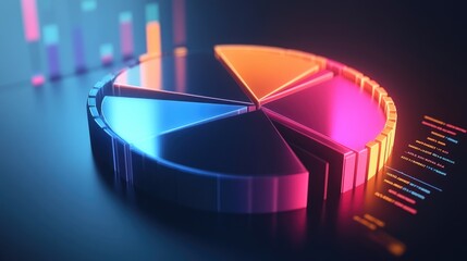Fototapeta premium A dynamic 3D pie chart with glowing segments, illustrating various financial metrics, with depth and shadows for a realistic, high-impact presentation.