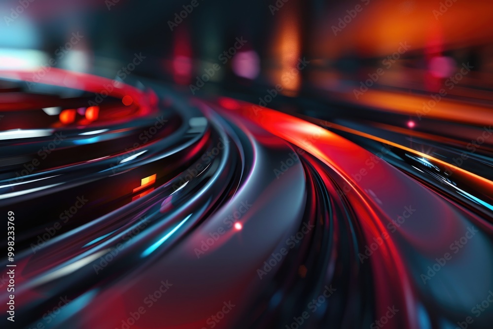 Poster a close-up view of a train track illuminated by red lights