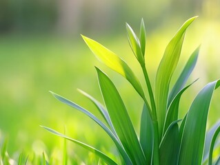 Obraz premium New green shoots emerging in a sunlit garden during the early spring morning