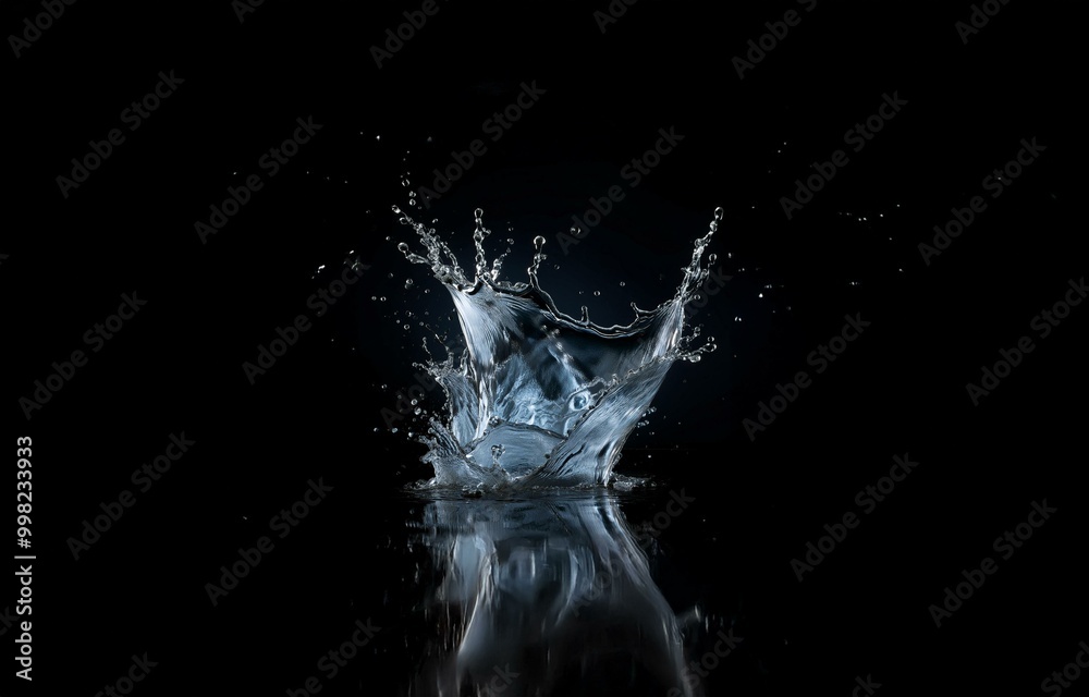 Aufkleber a water splash against a black background. the splash creates a crown-like shape with droplets and r
