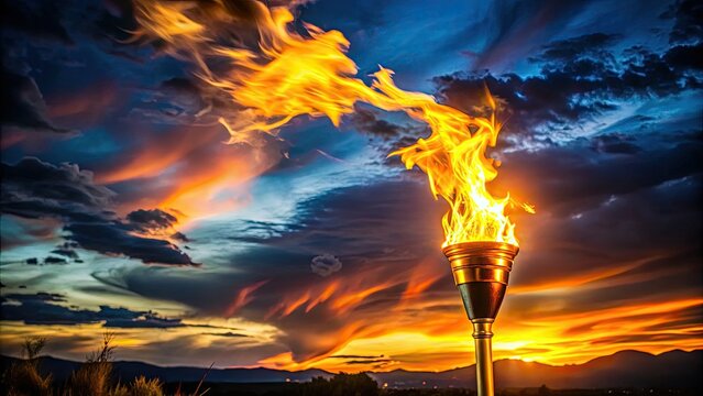 A dazzling torch casts a warm, inviting glow, illuminating the night sky with vibrant flames that dance and flicker, creating a captivating atmosphere of comfort.