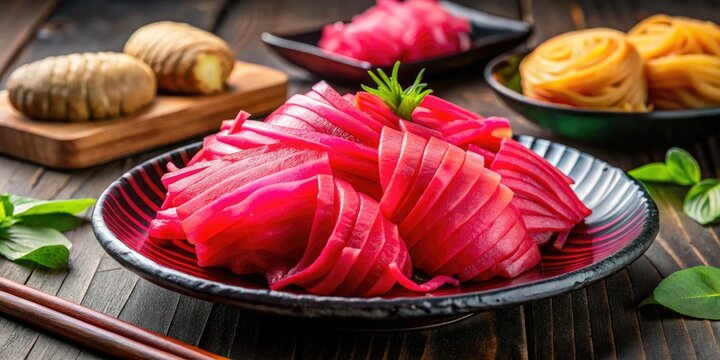 Add a burst of flavor to your meals with freshly sliced Benishoga, a vibrant pickled ginger that complements Japanese cuisine and enhances various culinary delights.
