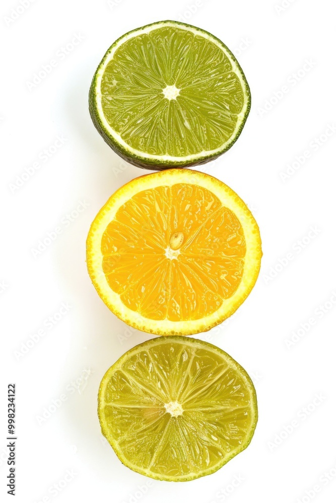 Poster Three slices of lime and orange on a clean white surface