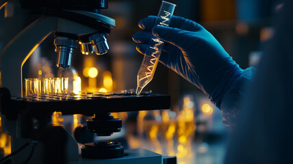 Scientist using a microscope in a laboratory to analyze samples during evening hours