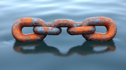 Fototapeta premium A close-up view of a weathered chain floating on the water, showcasing its rusty texture and reflective surface.