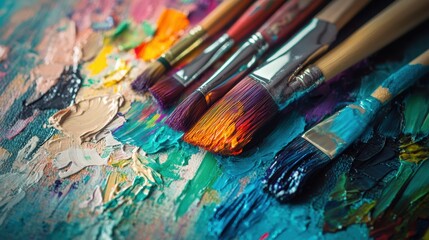Bright splashes of color on a palette and artistic brushstrokes reveal the creative process in a lively studio setting. Generative AI