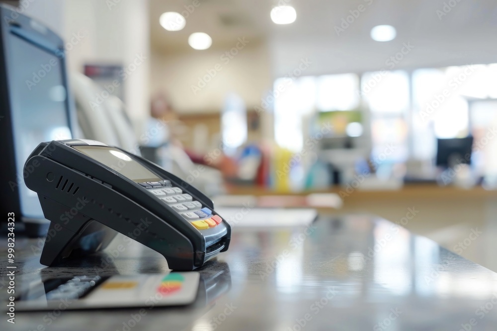 Poster a credit card machine sitting on a countertop, ready for use