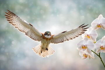 Fototapeta premium A kestrel adorned with white orchids on its back soaring above a misty pastel-colored bokeh background, AI Generated