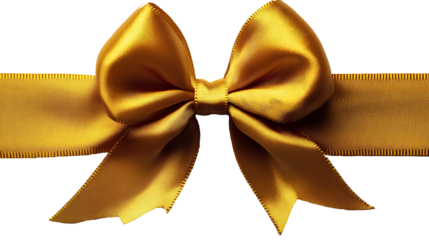 Yellow bow for gift wrapping PNG, top view, flat lay design. Festive ribbon bow isolated on transparent background. Elegant and decorative yellow bow for presents, holiday gift wrapping, or crafts