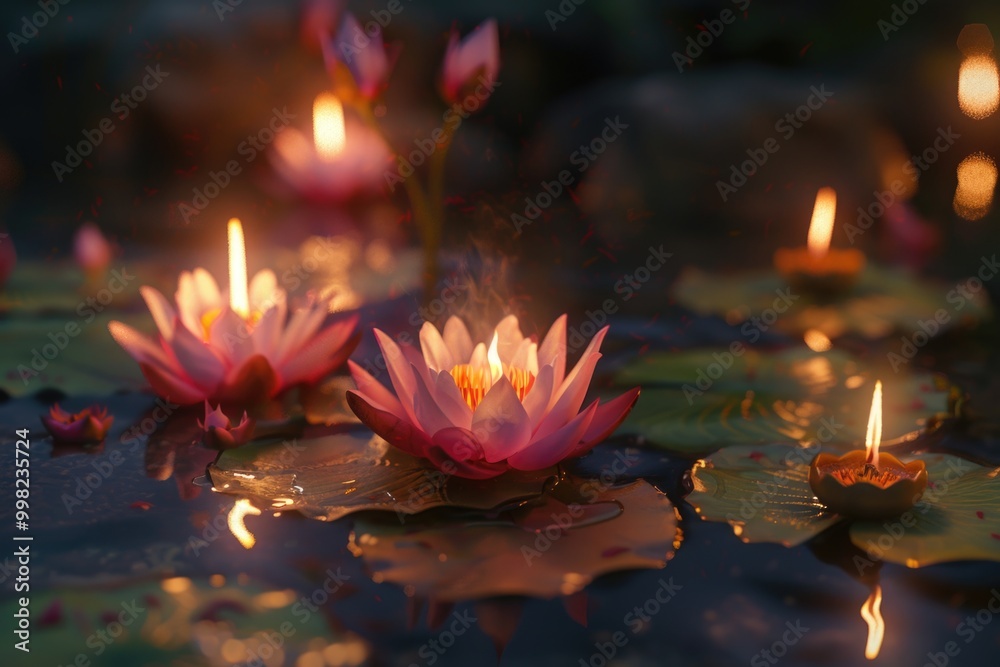 Poster Group of candles floating on a calm pond with reflections