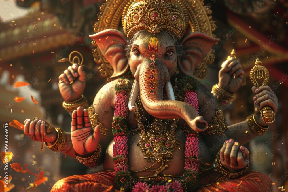 Poster a statue of an elephant holding a sword, perfect for use in fantasy or adventure contexts