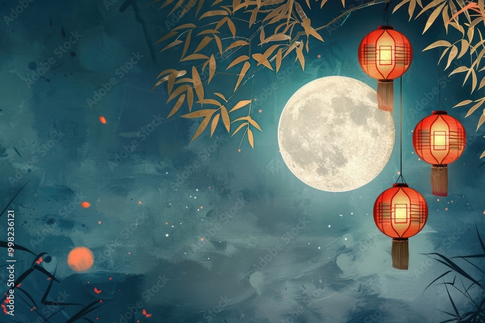 Poster a serene scene under the light of a full moon, accompanied by three red lanterns