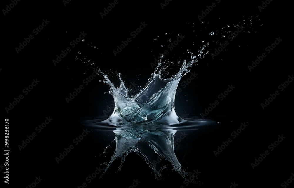 Poster water droplets splash and form a crown shape against a black background. the droplets create a rippl