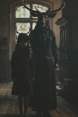 Obraz premium A man and a little girl dressed up in costumes, perfect for Halloween or cosplay