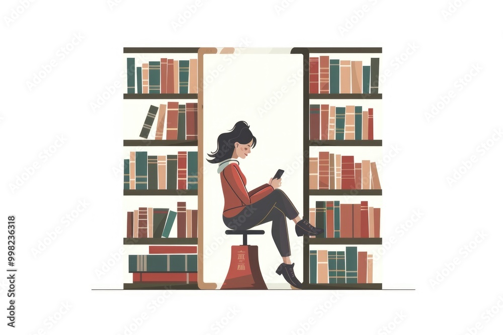 Poster a woman sits on a stool in front of a bookshelf, reading a book