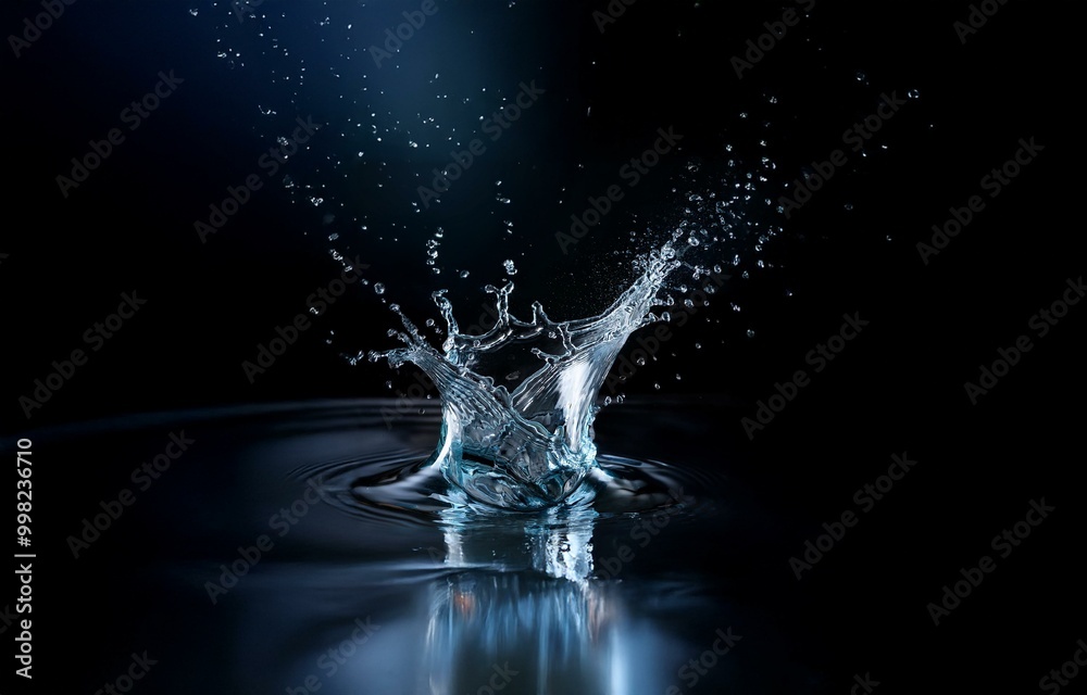 Poster a water drop creates a dramatic splash with droplets flying up and out in a dark setting.