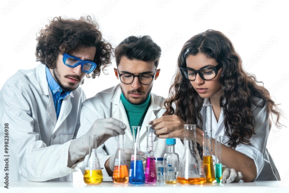 Poster Group of scientists in lab coats performing experiments, suitable for use in scientific or educational contexts