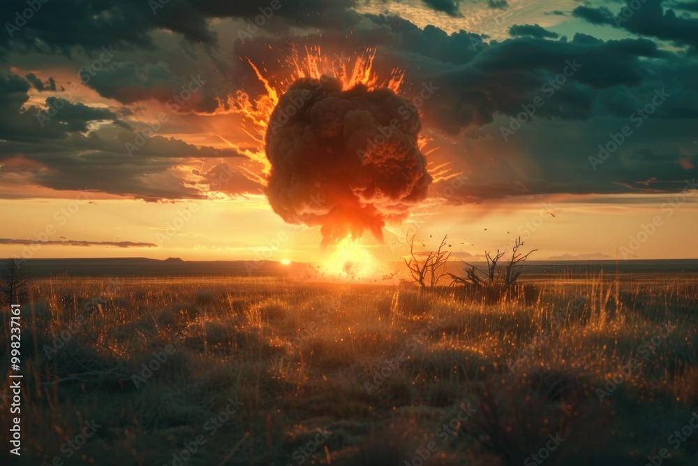 Aufkleber A massive explosion occurring in an open field