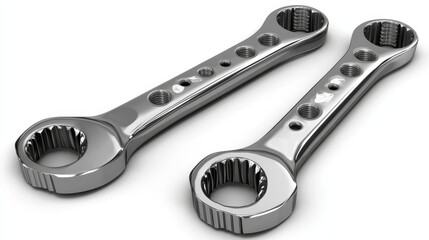 Obraz premium A pair of shiny chrome wrenches showcasing precision engineering and durability, perfect for mechanical and construction projects.