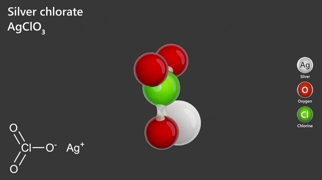 Silver chlorate (AgClO3) a simple metal salt, forms white, tetragonal crystals. it is water-soluble and an oxidizing agent. The substance exhibits blasting properties. Gray background. 3D rendering.