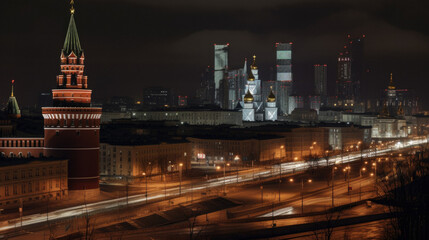 Obraz premium A beautifully lit city at night with a prominent clock tower