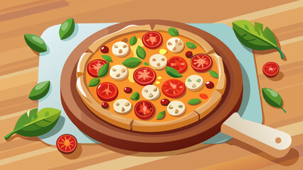 Close-up top View of Italian Traditional Neapolitan, Pepperoni, Margaritas Hot Pizza with mozzarella cheese, and tomato sauce.
