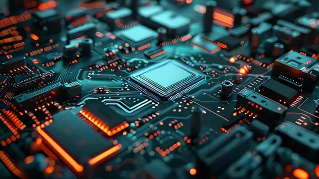 Close-Up of a Microchip on a Circuit Board with Glowing Elements