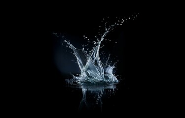 Water splash with droplets against a dark background.