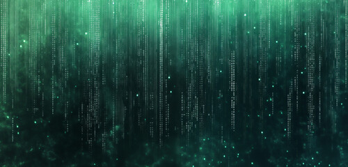 Matrix style background. Green falling code on a dark abstract background. Computer virus and hacker screen wallpaper. Big data. Corrupted code.