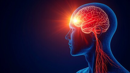 Obraz premium Profile view of a human head with brain and nerves highlighted.