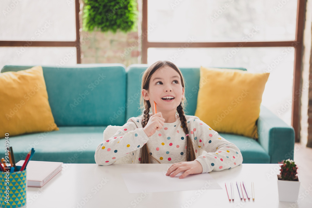 Poster Portrait of charming little girl studu desk think wear pullover modern interior flat indoors