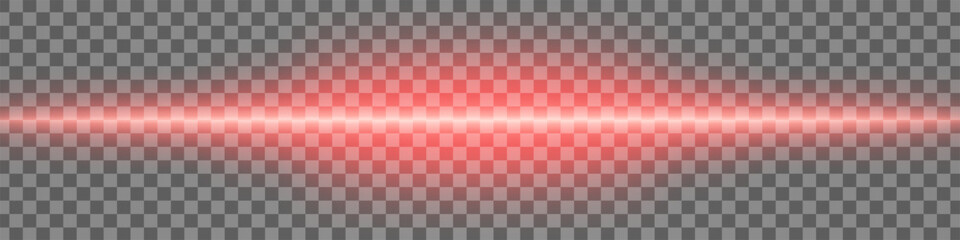 Horizontal red light effect isolated on transparent background. Bright glowing beam with lens flare and soft glow. Graphical patch of reflected light. Abstract rays. Vector illustration.