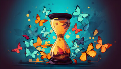 a colorful hourglass with butterflies on it is surrounded by a colorful background