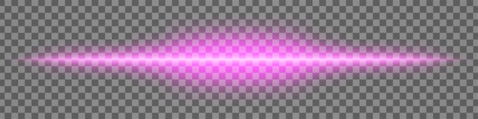 Horizontal purple light effect isolated on transparent background. Bright glowing beam with lens flare and soft glow. Graphical patch of reflected light. Abstract rays. Vector illustration.