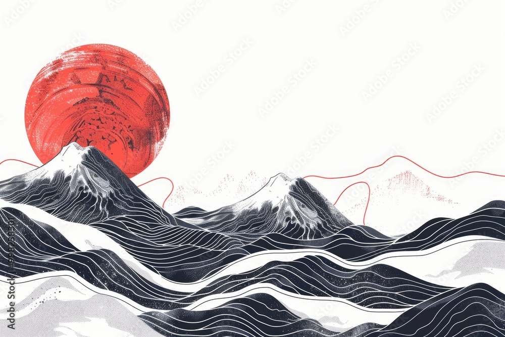 Poster a mountain landscape with a bright red sun rising or setting behind it, creating a beautiful and atm