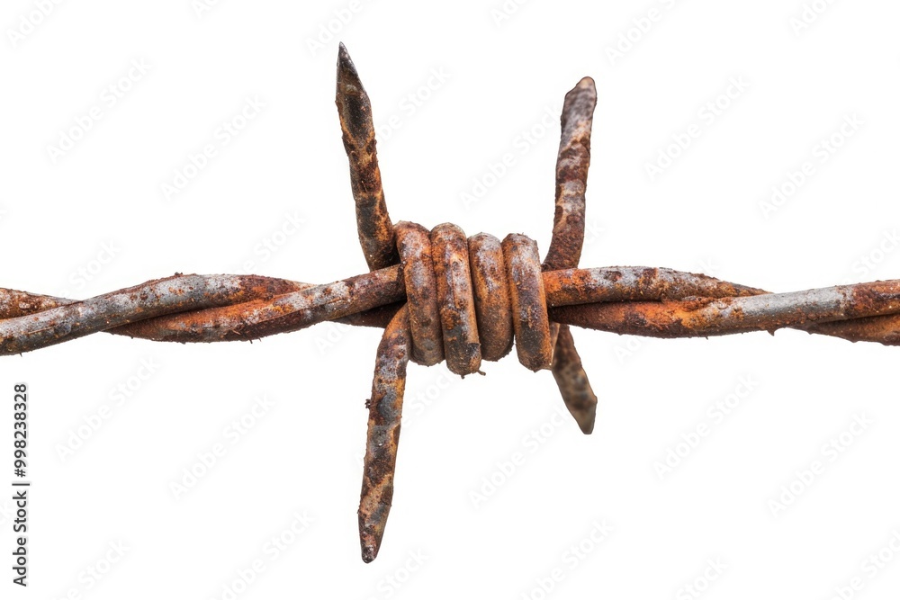 Poster a close-up shot of barbed wire on a white background, great for use in scenes where confinement or p