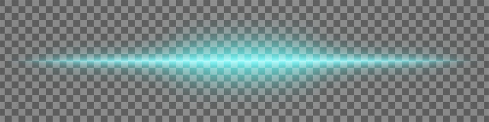 Horizontal blue light effect isolated on transparent background. Bright glowing beam with lens flare and soft glow. Graphical patch of reflected light. Abstract rays. Vector illustration.
